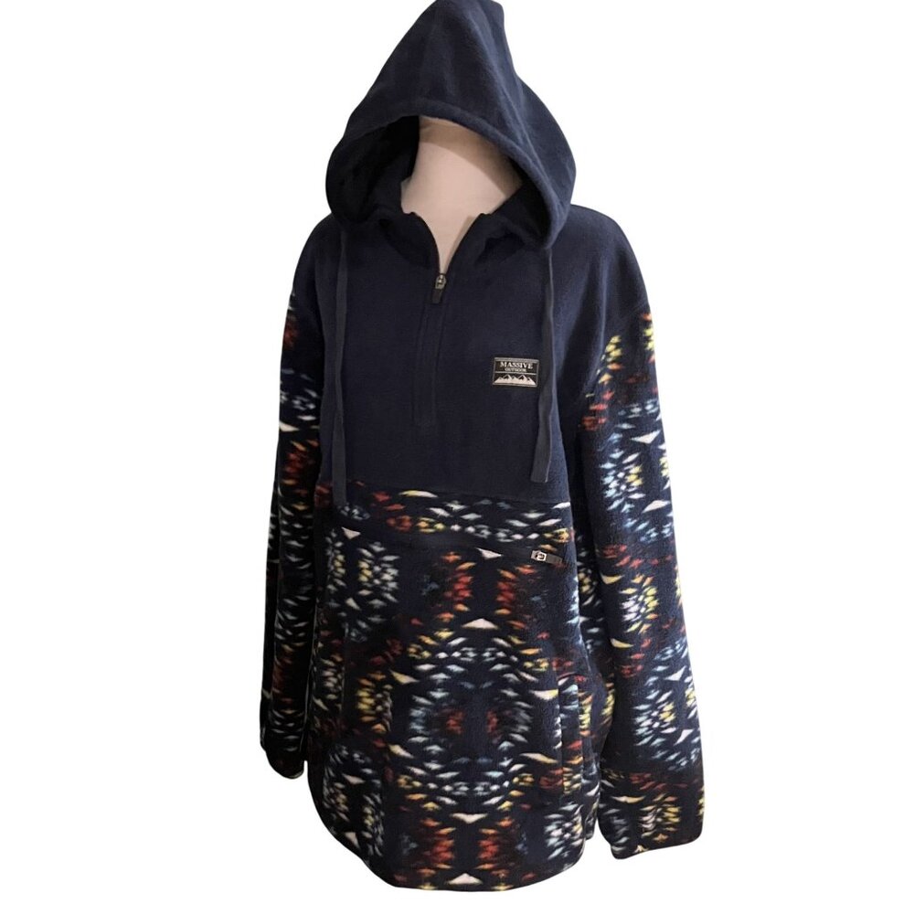 Massive Outdoor Navy Aztec Pattern Hooded Pullover Fleece Jacket L